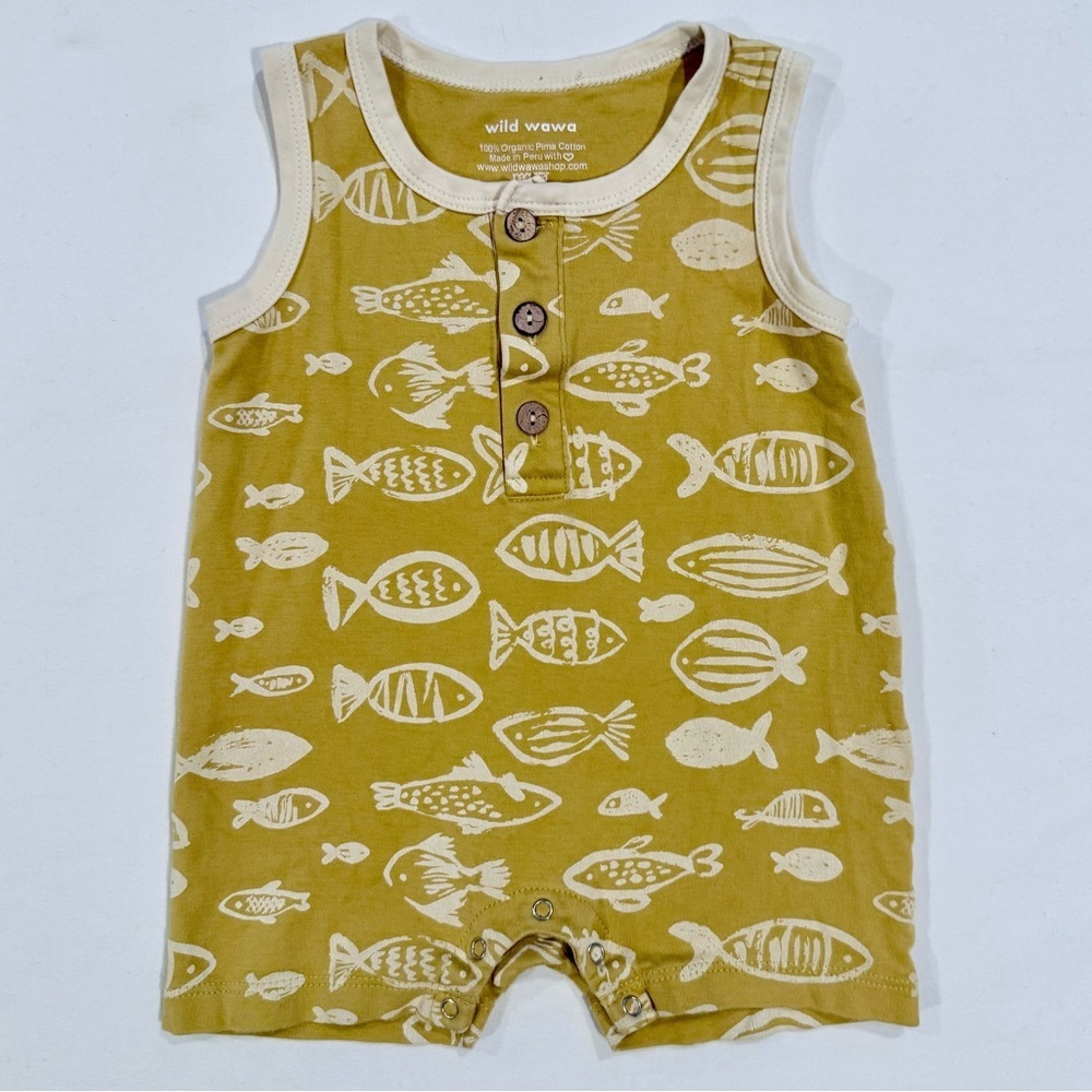 Wild Wawa Fish Tank Romper Boys 6-12M Girls Organic Pima Cotton Wooden Buttons